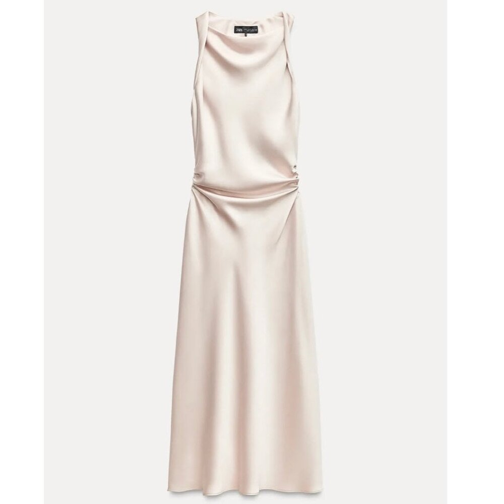 NEW Zara satin midi dress with gathering in cava, Size XS, $88 - Picture 3 of 7